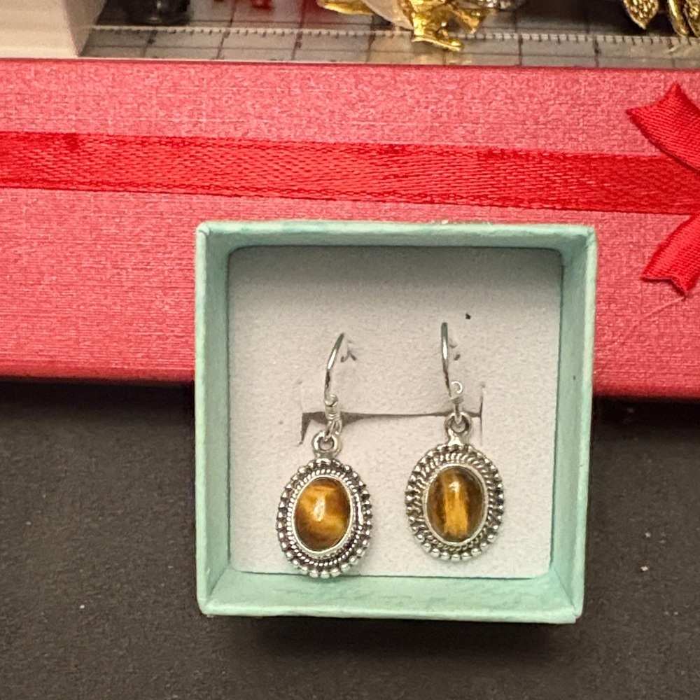 925 Sterling Silver Oval Tiger Eye Drop Earrings